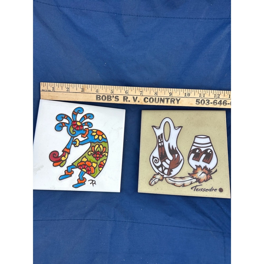 Vintage Earthtones Teissedre Kokopelli Ceramic Tiles Set 2 Southwest Decor 6x6